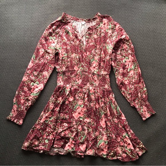Aerie Floral Ruffle Viscose Dress XS Red Pink Boho Festival Peasant Fit & Flare - Picture 1 of 7